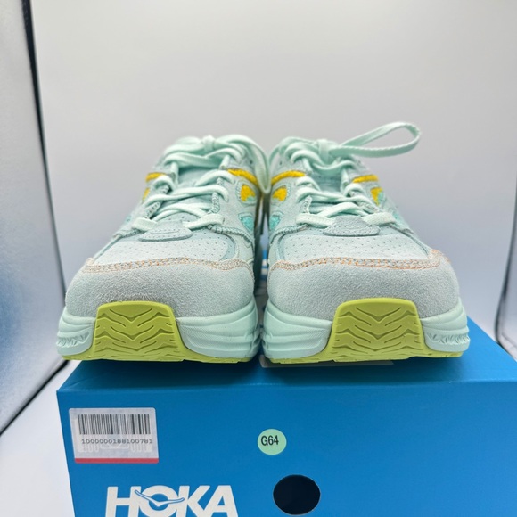 NWT Hoka Clifton Leather Embroidery UNISEX Shoes blue glass radiant yellow NEW - Picture 13 of 16
